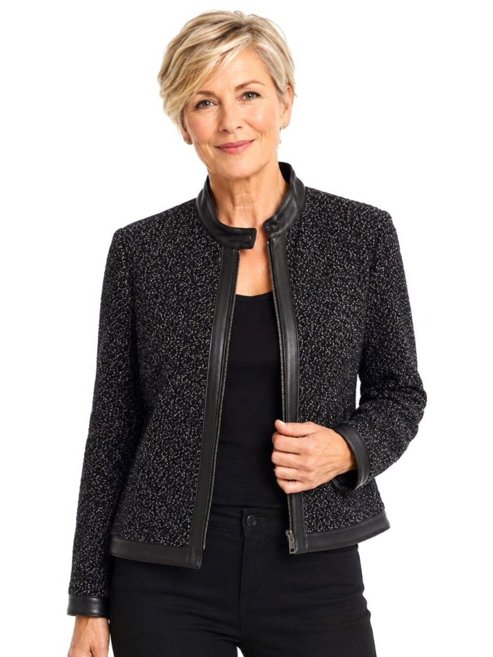 Jones New York Petite Tweed Leather Trim Zip Jacket